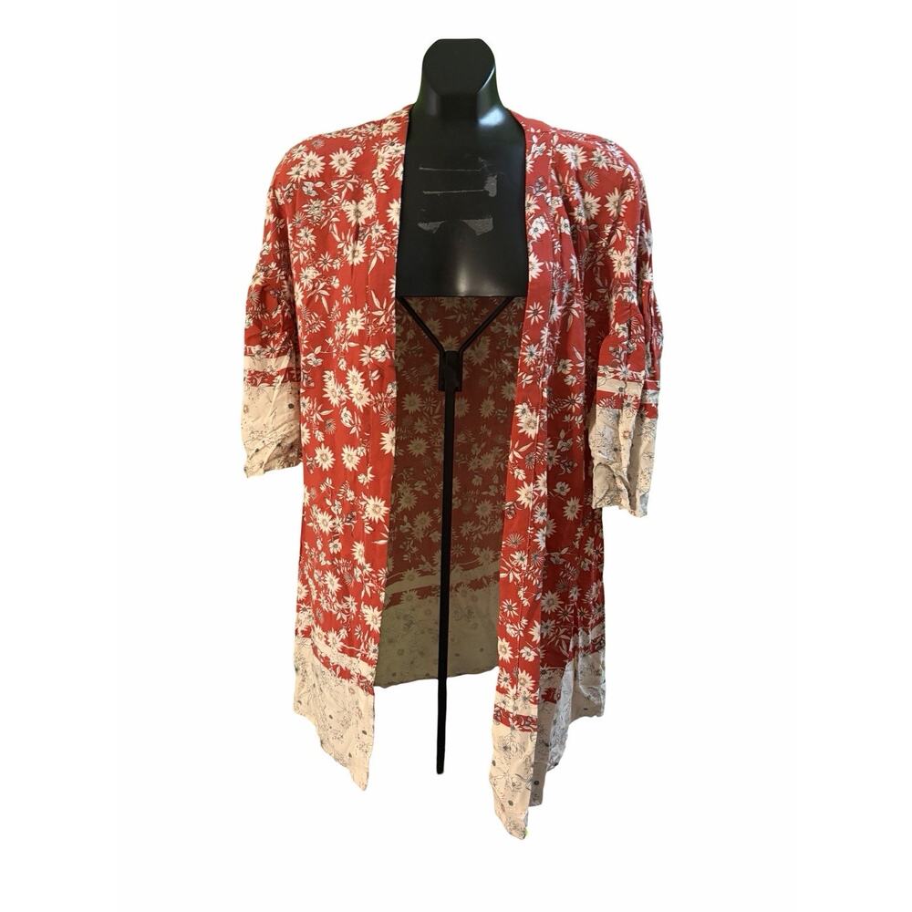 Loveriche Floral Kimono Cardigan Women’s L Red Boho Duster Lightweight Festival